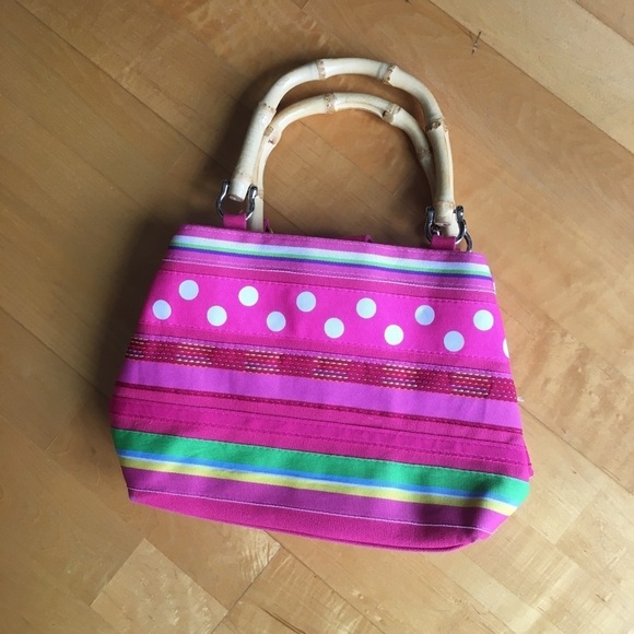 Mercer & Madison Bamboo Handle Mini Bag, Stripes, Polka Dots, Neon Pink, Green - Picture 4 of 16